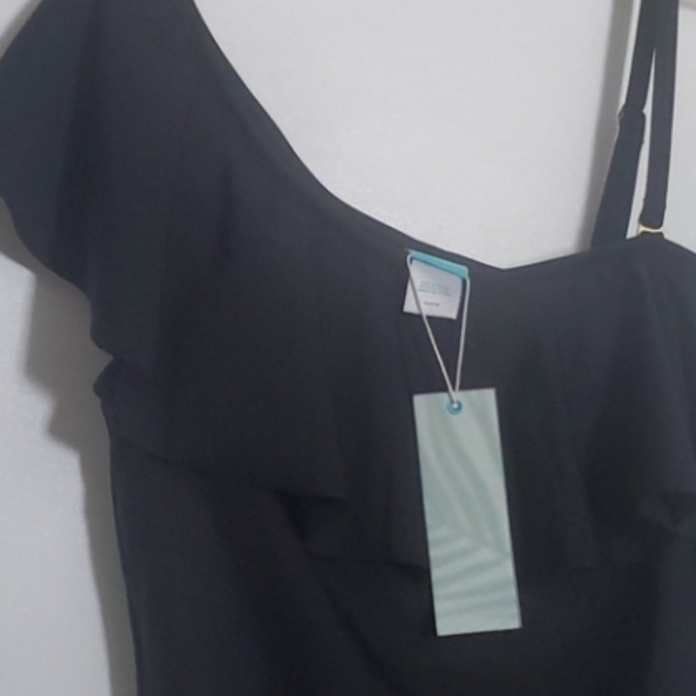 NWT Coastal Blue Ruffle One Shoulder Black One Piece Swimsuit Medium - Picture 5 of 8
